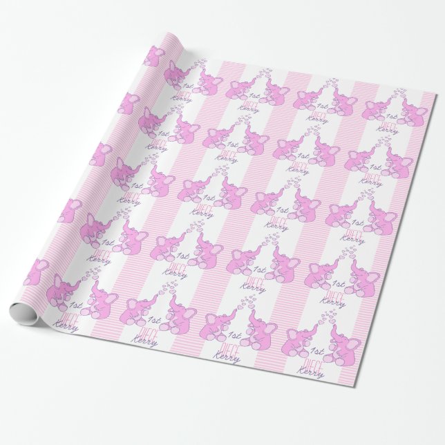 New baby shower niece name pink elephant wrap wrapping paper (Unrolled)
