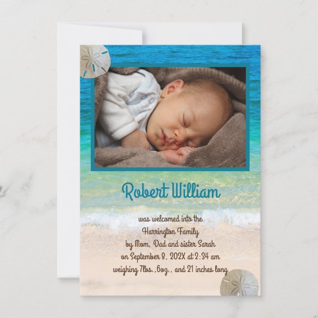 New Baby Son Birth Announcement Ocean theme (Front)