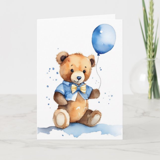 New Baby Teddy Bear With Blue Balloon Card (Front)