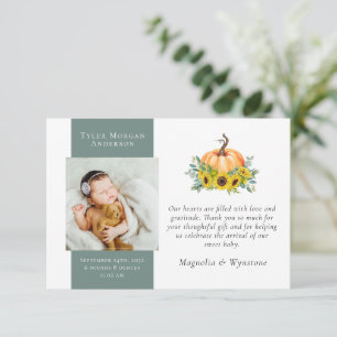 New Baby Thank You Fall Pumpkin Sunflower Card