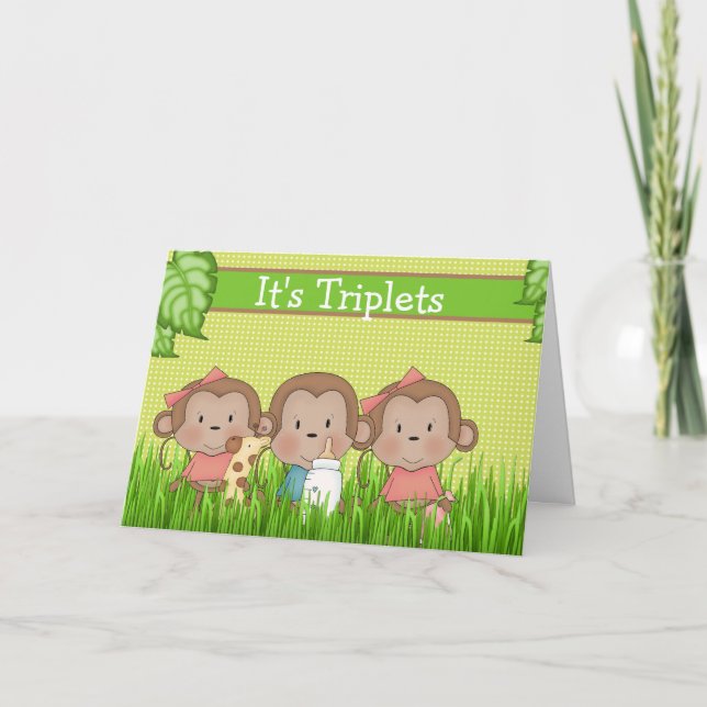 New Baby Triplet Two Girls One Boy Cute Monkey Card (Front)