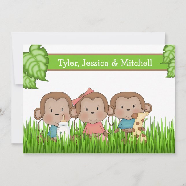 New Baby Triplets Girl And Two Boys Cute Monkey Announcement (Front)