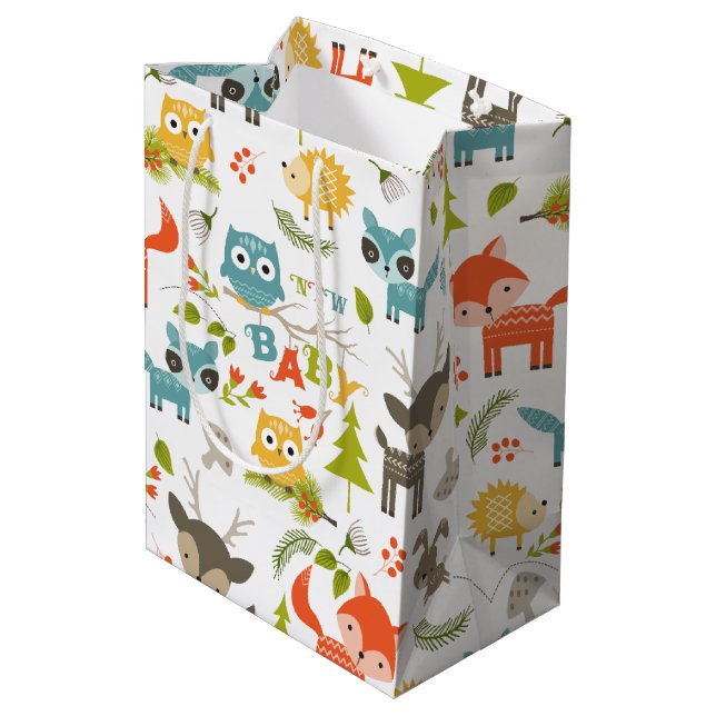 New Baby Typography With Cute Wood Animals Medium Gift Bag (Back Angled)