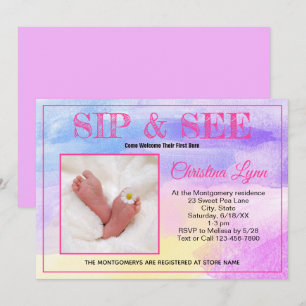 New Baby Watercolor Pink Sip and See Custom Photo Invitation