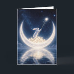 New Baby White Rabbit Collecting Stars Card<br><div class="desc">A whimsical scene unfolds with a rabbit perched on a crescent moon,  surrounded by twinkling stars,  creating an ethereal and dreamlike atmosphere.
The inside text is editable.</div>