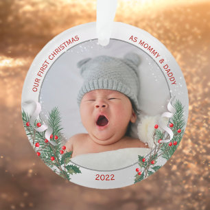 New Baby's 1st Christmas Silver Frame Holly & Pine Ornament