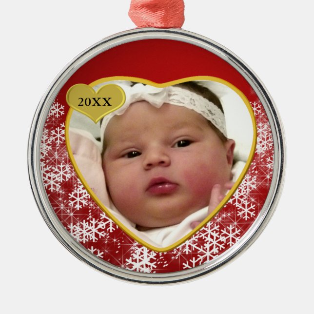 New Baby's Christmas Red Heart Photo Birth Year Metal Ornament (Front)