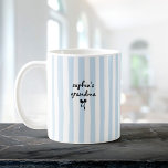 New Baby's Grandma Custom Name Light Blue Stripes Coffee Mug<br><div class="desc">Delight the new grandma in your life with this custom striped coffee mug featuring "[Baby Name]'s Grandma" in playful script above a sweet black bow. The fresh light blue and white stripes give it a modern, cheerful look that's perfect for morning coffee or tea. A thoughtful 'promoted to grandma' gift...</div>
