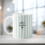 New Baby's Grandma Custom Name Sage Green Stripes Coffee Mug<br><div class="desc">Delight the new grandma in your life with this custom striped coffee mug featuring "[Baby Name]'s Grandma" in playful script above a sweet black bow. The fresh sage green and white stripes give it a modern, cheerful look that's perfect for morning coffee or tea. A thoughtful 'promoted to grandma' gift...</div>