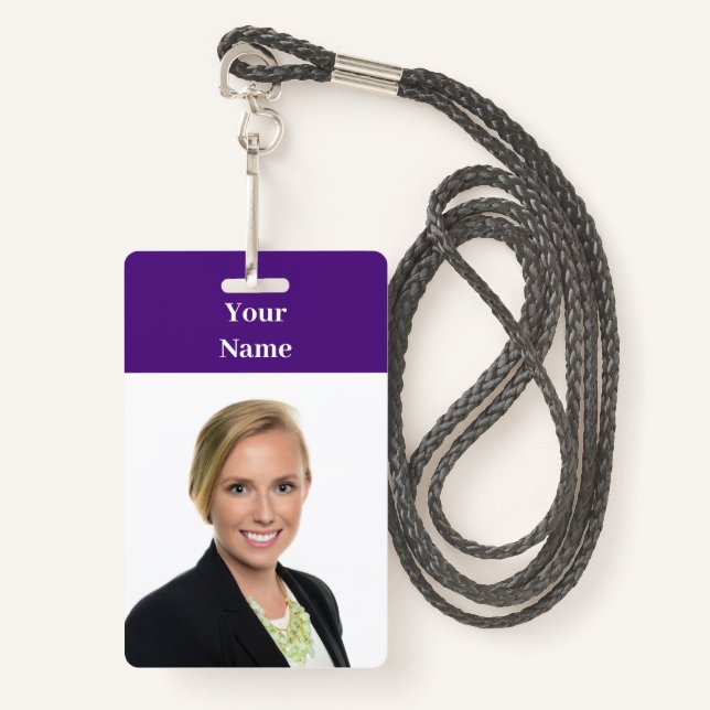 NEW! Badge - Vertical With Lanyard -Custom Purple ID Badge (Front with Lanyard)