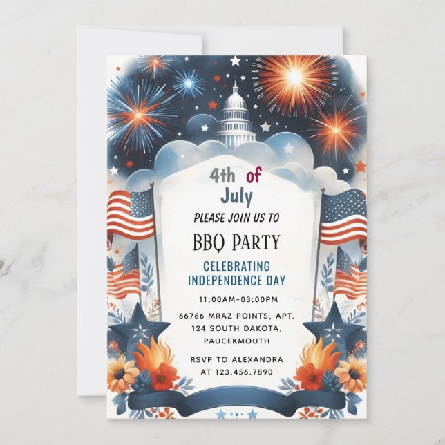 New Bbq Red White Blue Usa Flag 4th of July Party Invitation (Front)
