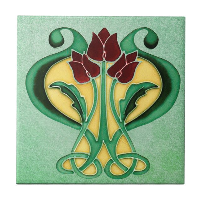 New Beautiful Art Nouveau, Green Floral Ceramic Tile (Front)