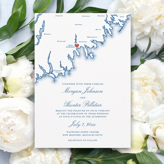 New Bedford MA Map Elegant Navy Blue Wedding Invitation (New Bedford MA Wedding Invitation in Elegant Navy Blue by Coastal Map Designs)