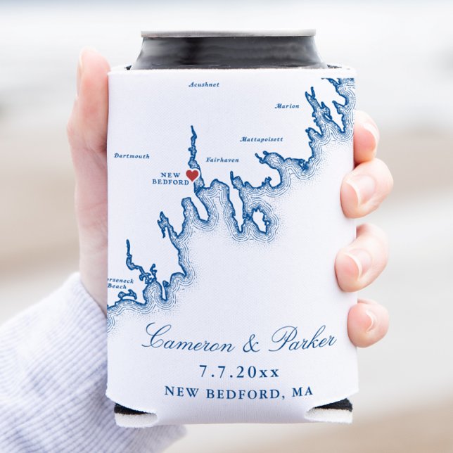 New Bedford Map Wedding Favour Can Cooler (New Bedford Wedding Favor Can Cooler Can Cozy in elegant navy blue by Coastal Map Designs)