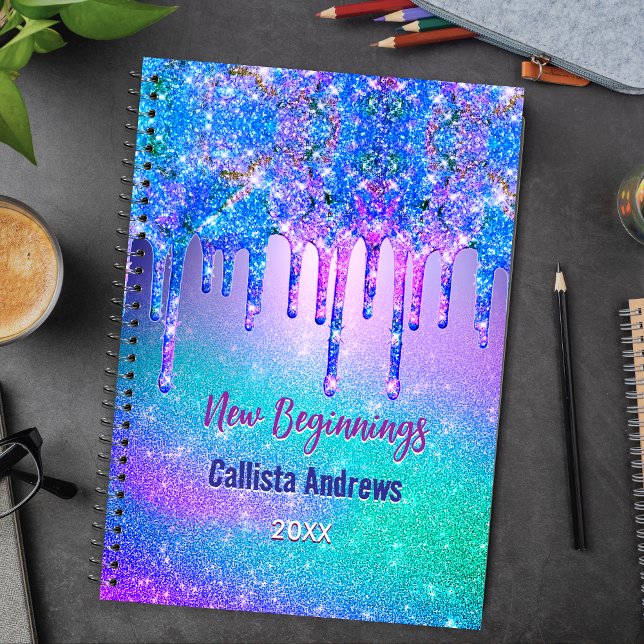 New beginnings blue ombre drips monogram large notebook (Creator Uploaded)