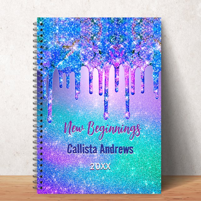 New beginnings blue ombre glitter drips monogram notebook (Creator Uploaded)