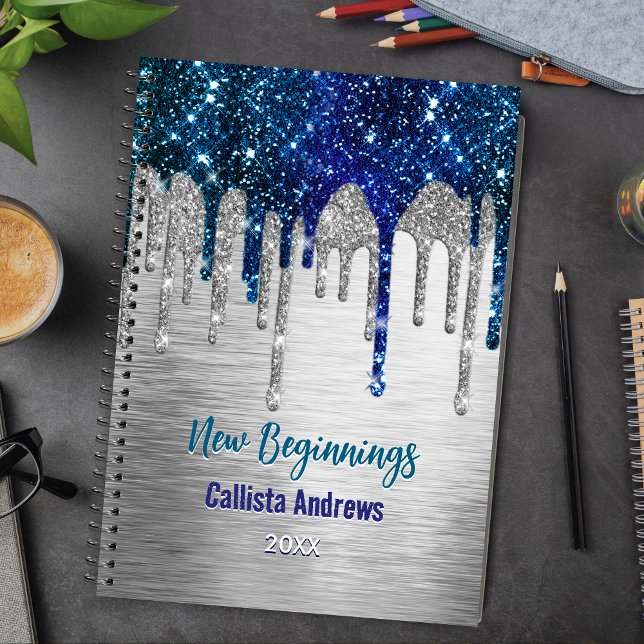 New beginnings Blue silver Drips monogram large Notebook (Creator Uploaded)
