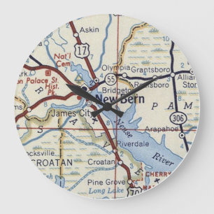 New Bern NC 50's Map Large Clock