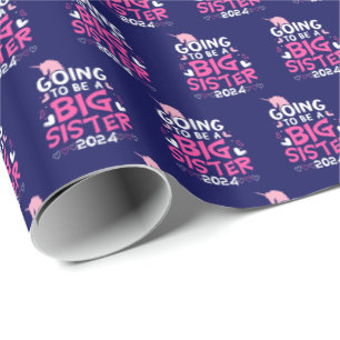 New Big Sister 2023 Pink Unicorn Hearts Wrapping Paper
