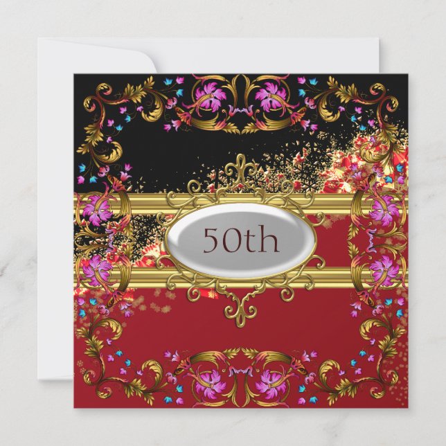 New Black Red Birthday Party Flower Frame Invitation (Front)