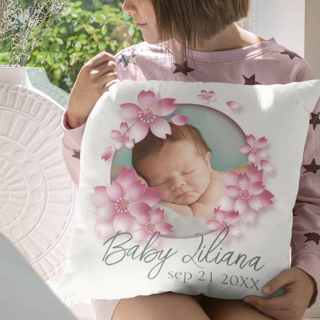 New Born Baby Girl Photo Keepsake Pink Flowers Cushion (Creator Uploaded)