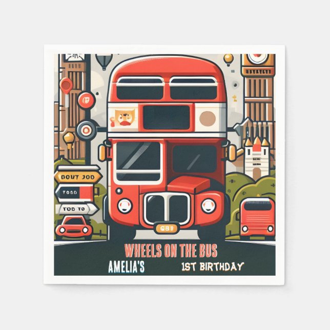 New Boy Cute Girl Tour City Party Bus 1st Birthday Napkin (Front)