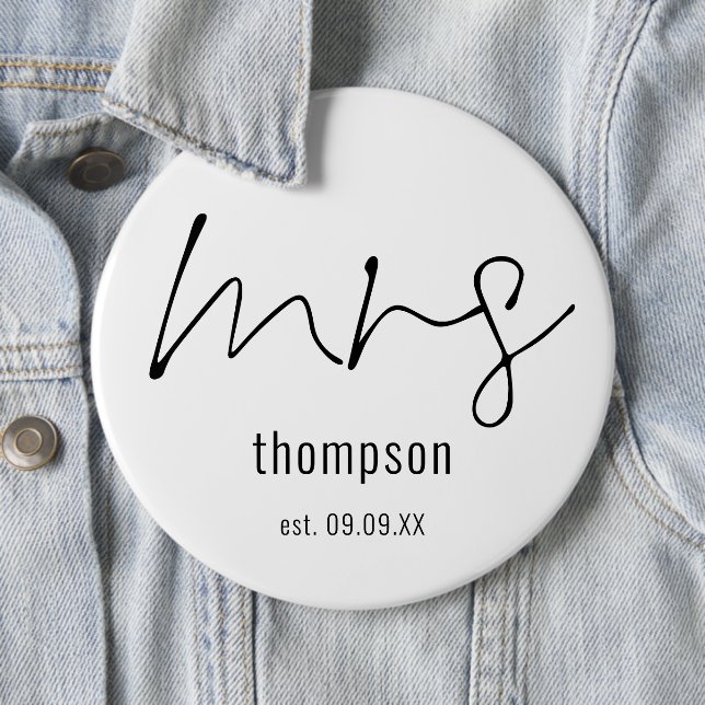 New Bride Mrs Script Name Keepsake  6 Cm Round Badge (In Situ)