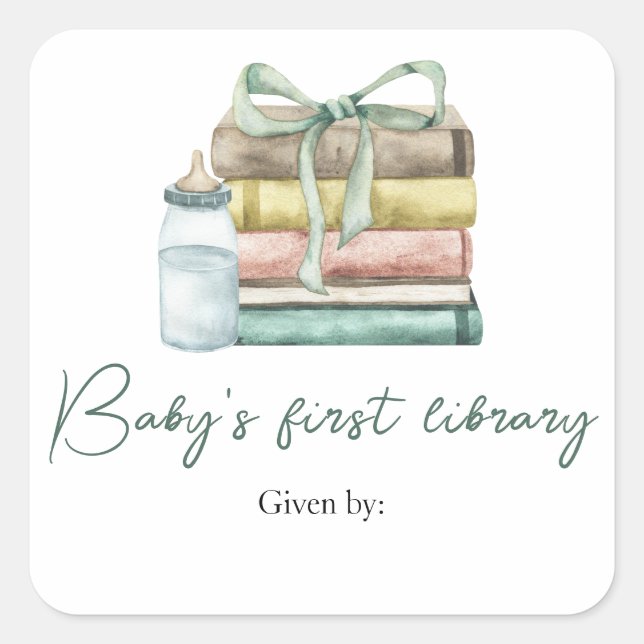 new chapter baby shower - baby's first library square sticker (Front)
