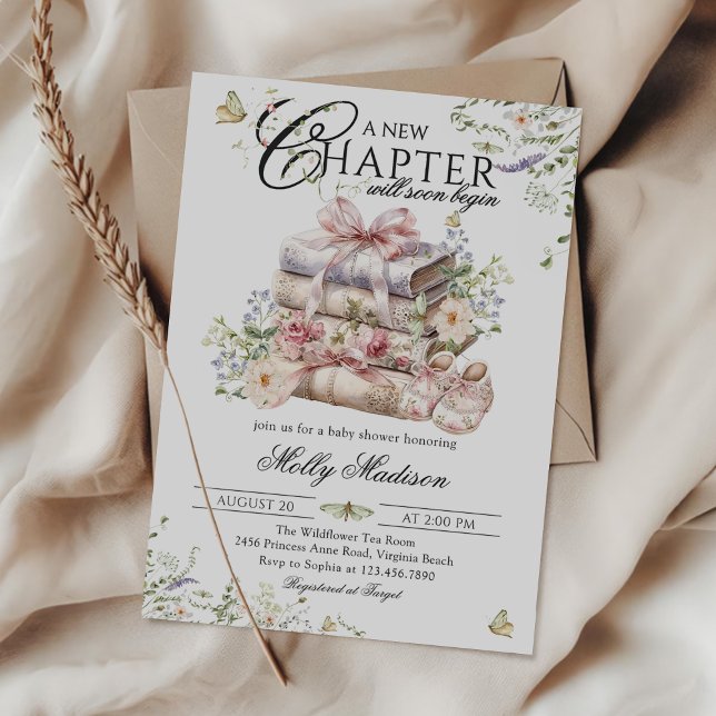 New Chapter Begin Floral Bow Book Book Baby Shower Invitation (Creator Uploaded)