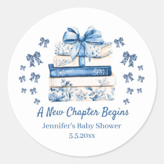 new chapter begins,blue bow books baby shower cute classic round sticker