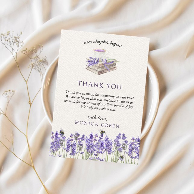 New Chapter Begins Books Lavender Girl Baby Shower Thank You Card (New chapter begins, stroybook, book inspired baby shower, lavender, bee, wildflowers)