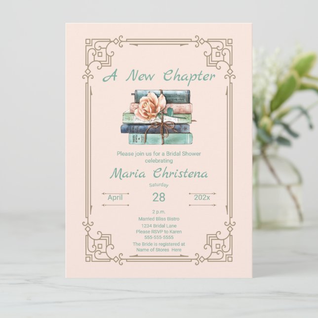 New Chapter Begins Bridal Shower Book Stack Floral Invitation (Standing Front)