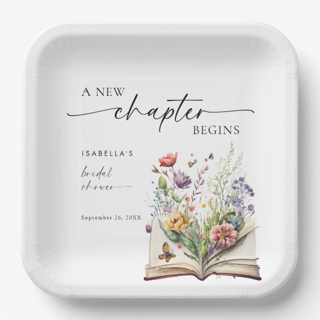 New Chapter Begins Floral Book Bridal Shower Paper Plate (Front)