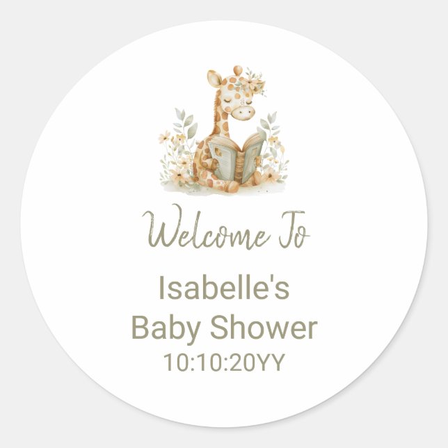 New Chapter Begins Giraffe Storybook Baby Shower  Classic Round Sticker (Front)