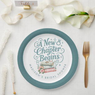 New Chapter Begins Teal Glitter Bridal Shower Paper Plate