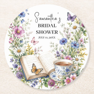New Chapter Book Butterfly Floral Bridal Shower Round Paper Coaster