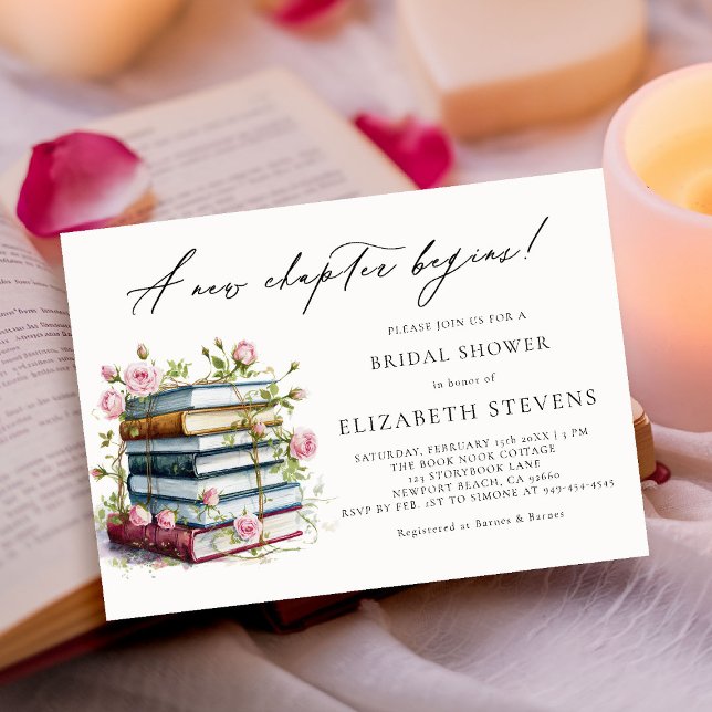 New Chapter Book Lover Bookworm Rose Bridal Shower Invitation (a new chapter book lover bridal shower invitation watercolor rose vines floral botanical calligraphy)