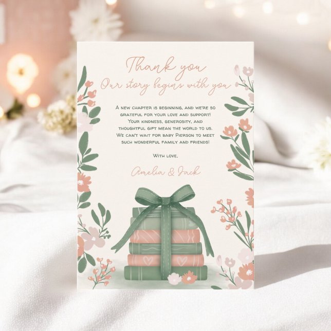 New Chapter Books Whimsical Sage green Baby Shower Thank You Card (New Chapter Books Whimsical Sage green Baby Shower Thank You Card)
