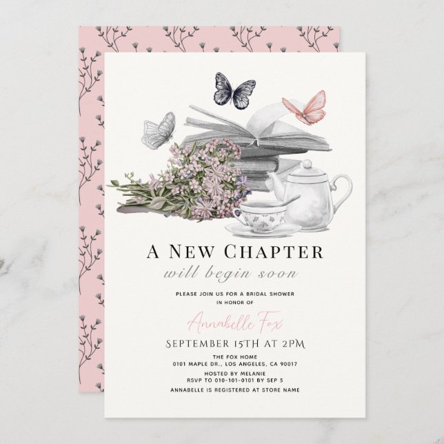 New Chapter Buttefly Tea Party Book Bridal Shower Invitation (Front/Back)