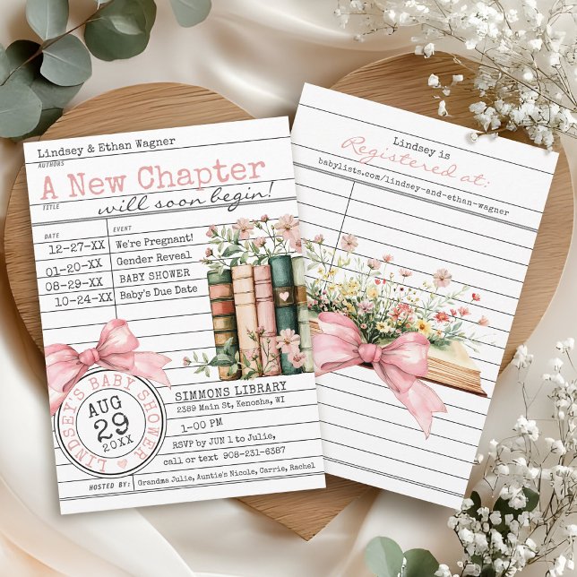 New Chapter Library Card Book Bow Baby Girl Shower (A New Chapter floral books wildflower pink bows library card cute modern baby girl shower invitation)