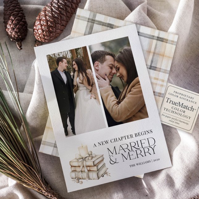 New Chapter Married & Merry Beige Newlywed 2 Photo Holiday Card (Creator Uploaded)