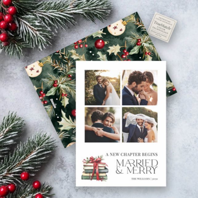New Chapter Married & Merry Newlywed Bow 4 Photo Holiday Card (Creator Uploaded)