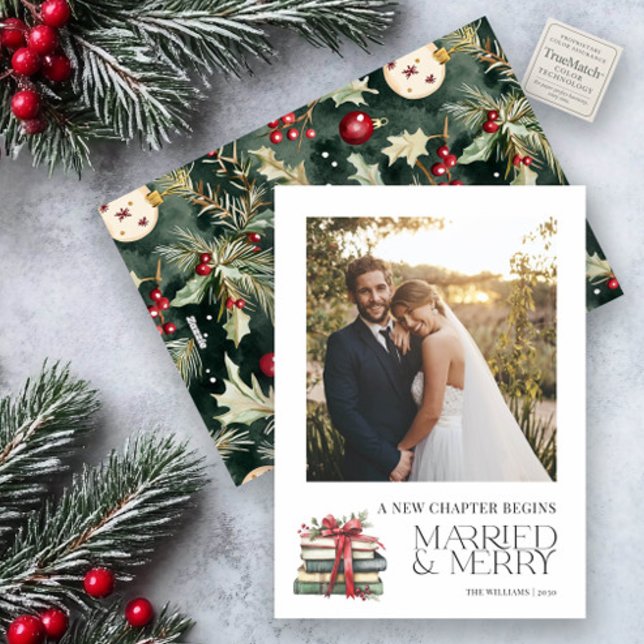 New Chapter Married & Merry Newlywed Red Bow Photo Holiday Card (Creator Uploaded)