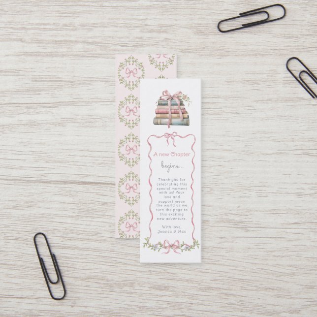 New Chapter Pink Bow Baby Shower Book Bookmark Mini Business Card (Front/Back In Situ)