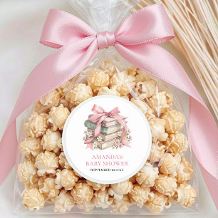 New Chapter Pink Bow Books Floral Baby Shower Classic Round Sticker