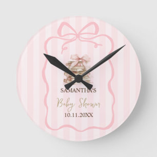 New Chapter Pink Bow Stripes Baby Shower Round Clock