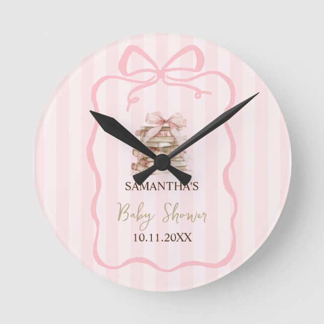 New Chapter Pink Bow Stripes Baby Shower Round Clock (Front)