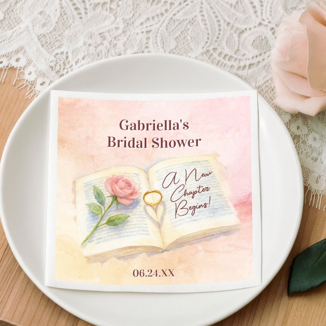 New Chapter Pink Rose Book & Ring Bridal Shower Napkin (Creator Uploaded)