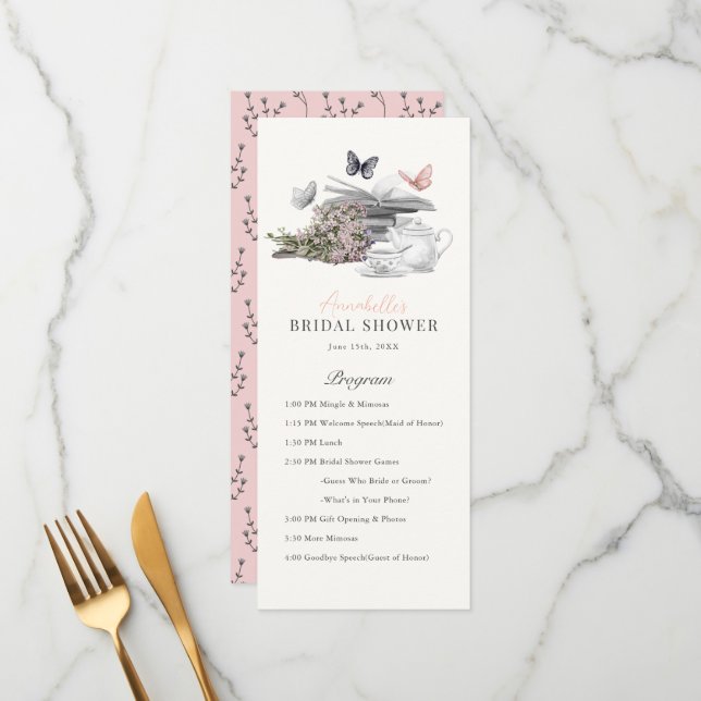 New Chapter Tea Book Pink Bridal Shower Program (Front/Back In Situ)