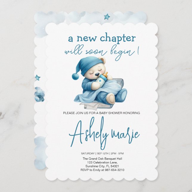 New Chapter Teddy blue boy baby shower Bear Invitation (Front/Back)